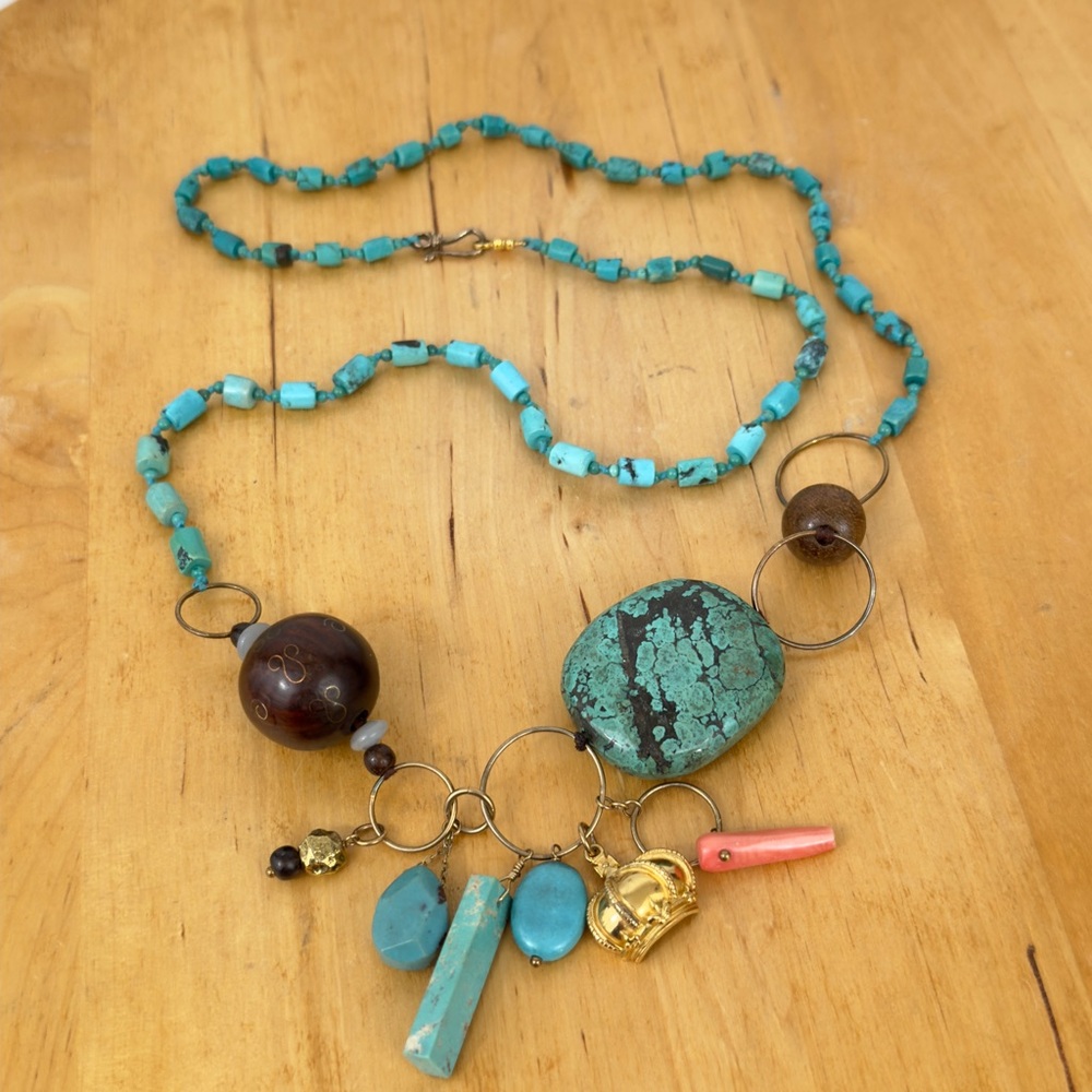 CHAN LUU Multi-beaded Turquoise Long Necklace w Crown Charm & Sterling 925 Clasp - Picture 8 of 16